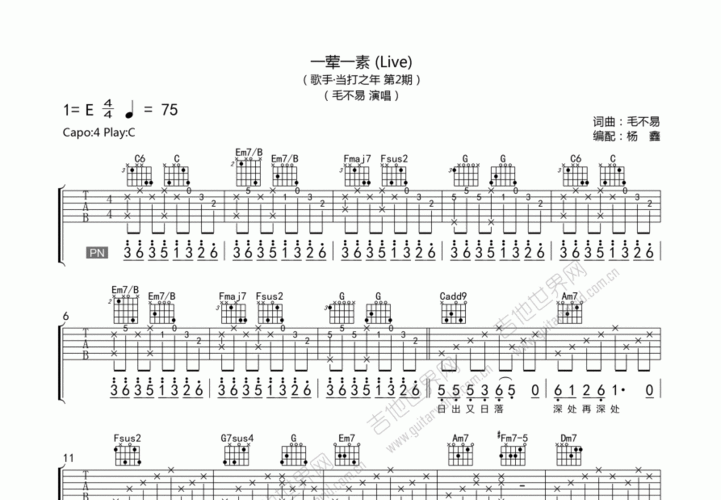 毛不易一荤一素吉他谱c调弹唱 - 吉他世界网