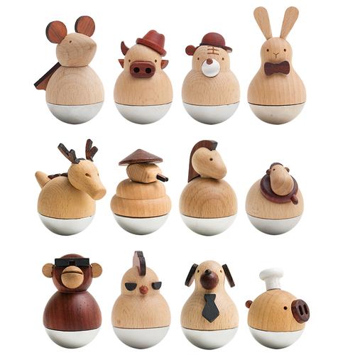 十二生肖不倒翁木质家居创意办公桌摆件鼠牛可爱装饰品摆件