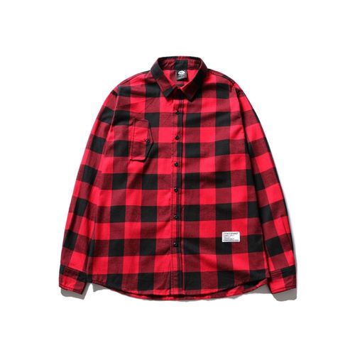 open your mind原创潮牌印花红黑格子长袖衬衫休闲宽松潮男衬衣