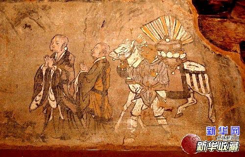 2003年10月29日 稷山县发现的"玄奘取经图"壁画 (局部).