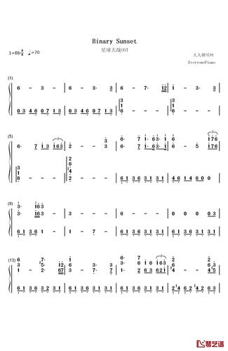 binary sunset钢琴简谱-数字双手-john williams