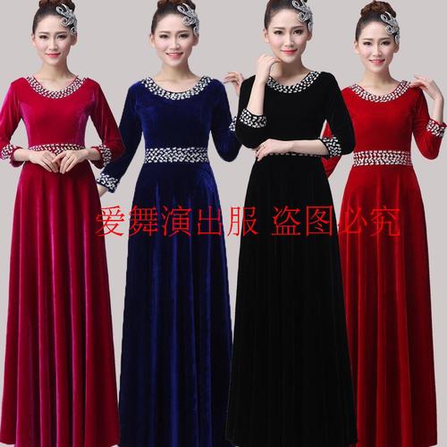 合唱长裙金丝绒礼服主持中老年大合唱团演出服女春秋主持人指挥服