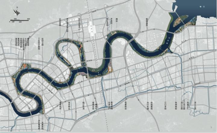 长度约15公里,两岸景观总面积约180000平方米,贯穿东城,西城,北城
