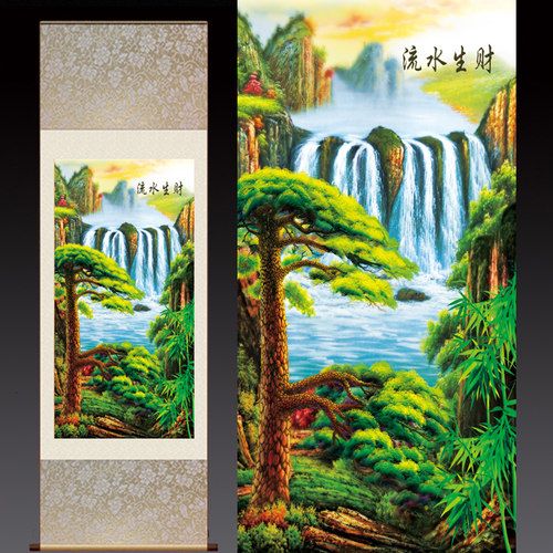 油画丝绸画卷轴画山水画风水招财画流水生财玄关壁画礼品画挂画_7折