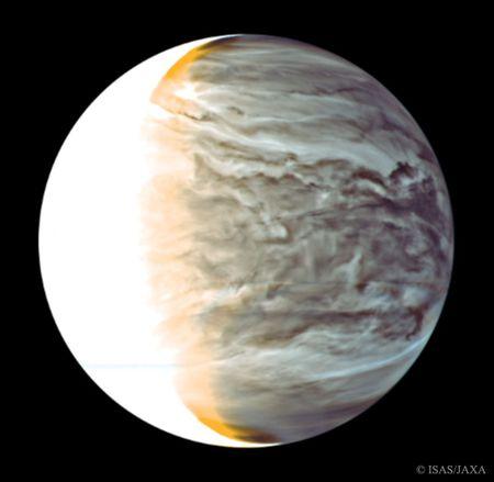 (轨道探测器用红外相机拍摄金星大气层照片,右侧是金星的夜晚)