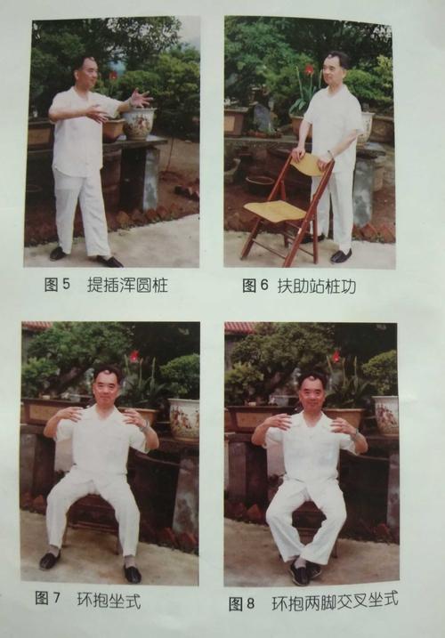 6,休息式 姿势同浑圆桩,唯两手背放在左右腰部(腰带处),手心朝后上方