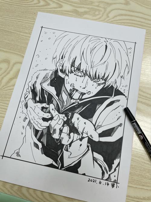 咒术回战|狗卷棘手绘黑白线稿过程|临摹_咒术回战_临摹_手绘_线稿