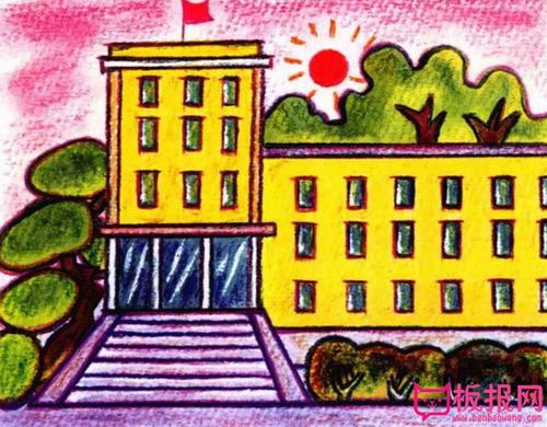 学校的教学楼水彩画,学习的园地