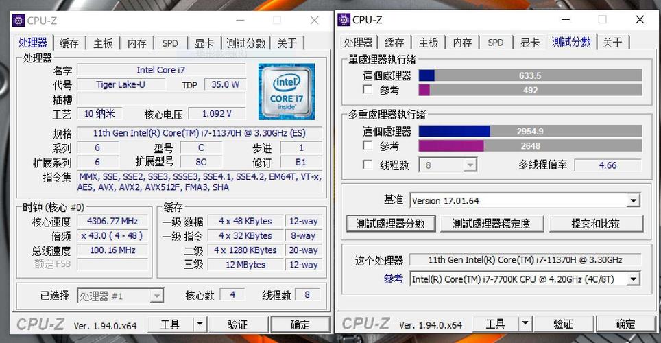 在cpu-z的测试中,无论是单核还是多核都全面超越了i7-7700k处理器.