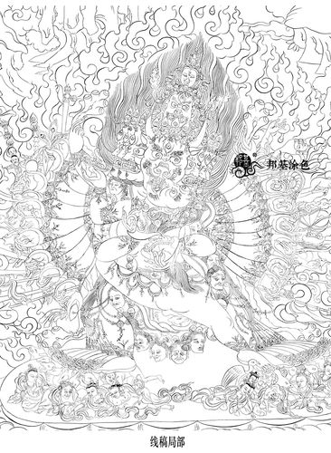 唐卡描金涂色大威威德金刚白描线稿牛头明王diy