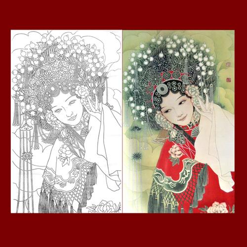 【高清白描稿 彩稿】戏剧重彩人物 京剧 人物脸谱图白描贵妃醉酒