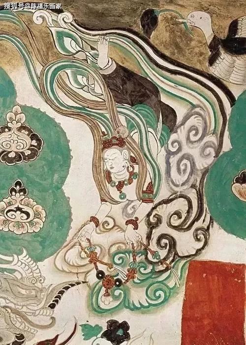 敦煌莫高窟第158窟飞天,飞天共三身,位于西壁裟罗树间菩萨列像上方的