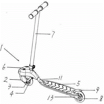 cn203172796u_前万向轮式摆把拐弯两轮滑板车失效