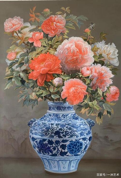红花当然配绿叶,美丽的花卉油画