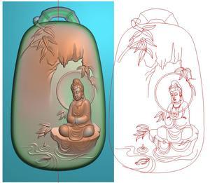 精雕图浮雕数控雕刻灰度随形椭圆山水观音坐像挂件竹子观音鱼牌子