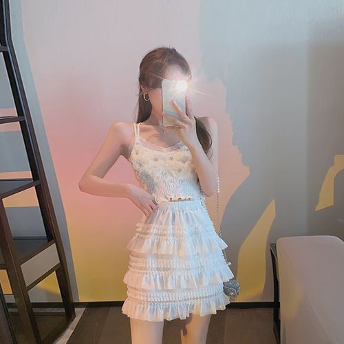 小清新蕾丝吊带衫半身裙套装女高腰蛋糕裙气质两件套