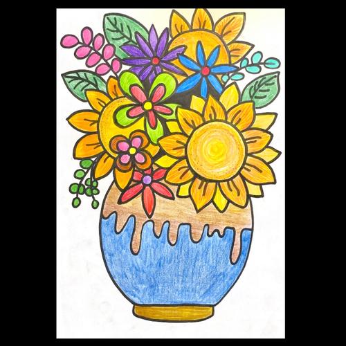 向日葵 简单彩铅儿童线描画_彩铅_简笔画_装饰画_花瓶