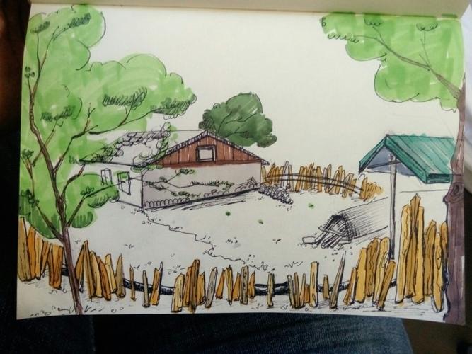 马克笔画 32k 马克笔写生 半成品 农家小院 装饰画工具:马克笔 铅笔