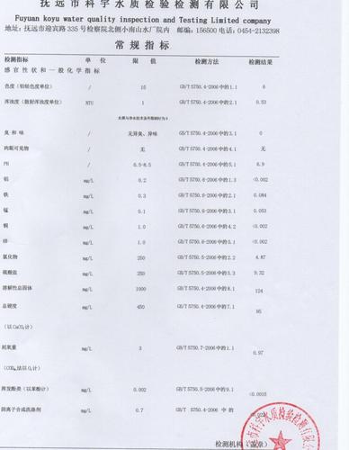 抚远市小南山水厂第四季度出厂水检测报告