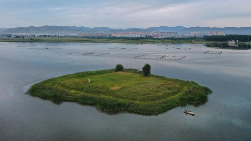 8月22日,一条渔船从下河湾水库的小岛旁驶过(无人机拍摄).