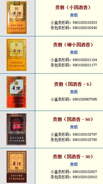贵烟价格表和图片