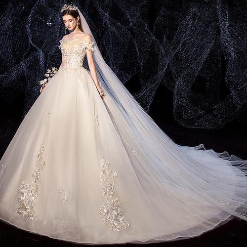 出门新娘新款香槟纱裙抹胸主婚一字