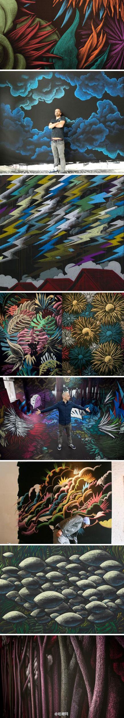 julien colombier,法国艺术家,现居巴黎,擅长使用粉笔在黑板上绘画