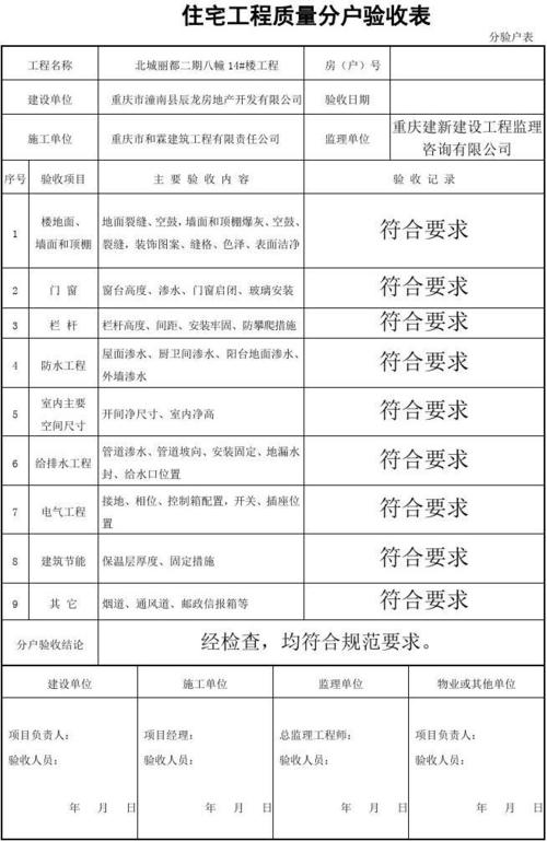 最新住宅工程质量分户验收表