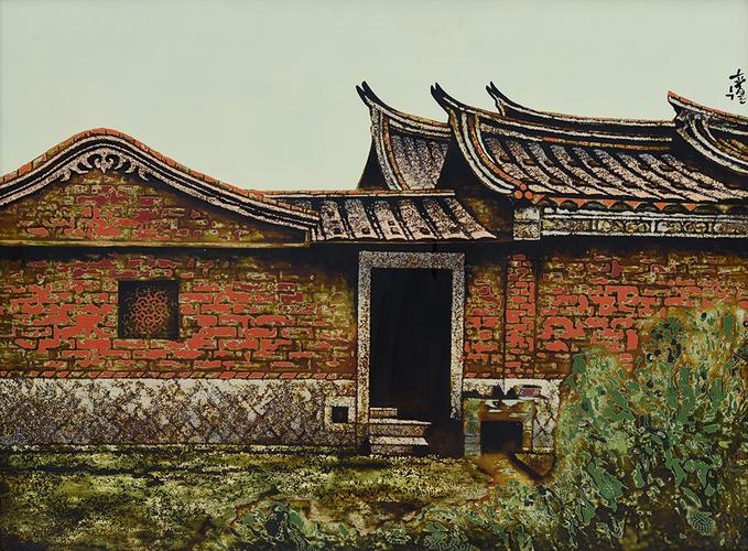 春雨 闽南红砖厝 80x60cm 大漆 银