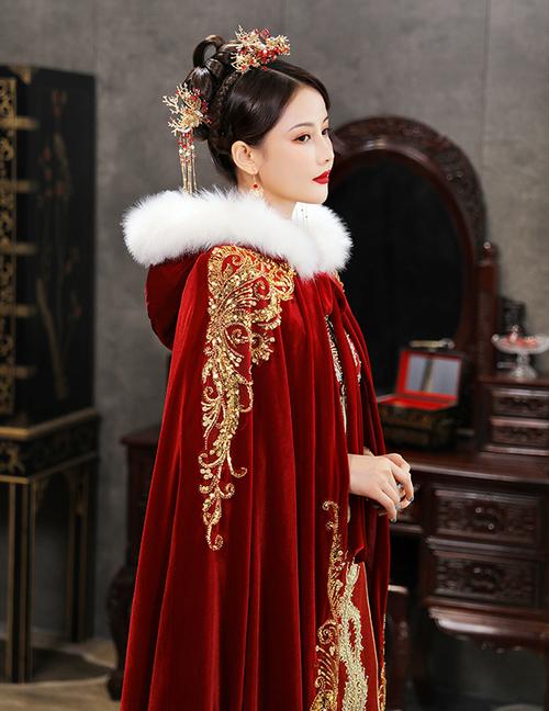 冬】汉服秀禾古风古装女加披风秋冬款中国风加厚新娘斗篷加绒红色长款