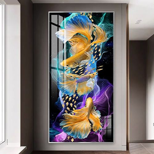 现代简约走廊过道背景墙装饰画金鱼轻奢大气玄关挂画竖版晶瓷壁画