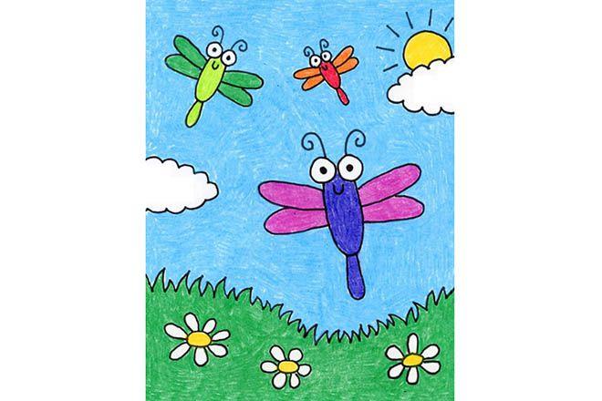 怎么一步一步教孩子简单画一群蜻蜓步骤图解