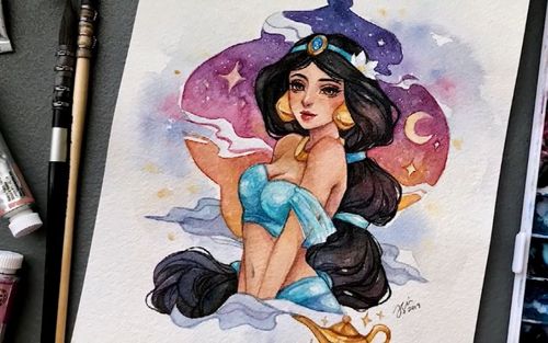 水彩人物绘画阿拉丁神灯之茉莉公主