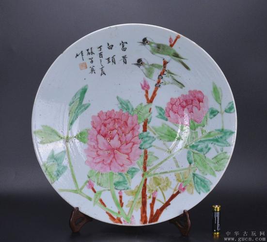 晚清名家张子英富贵白头粉彩大盘