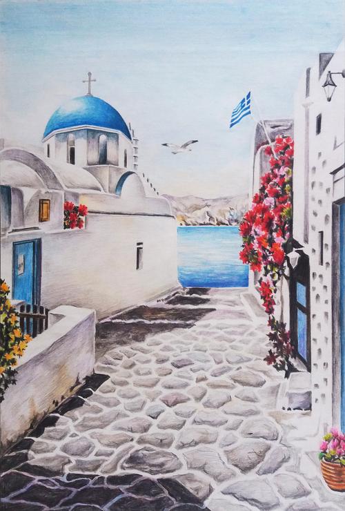 圣托里尼,根据一张水彩画改成了彩铅画