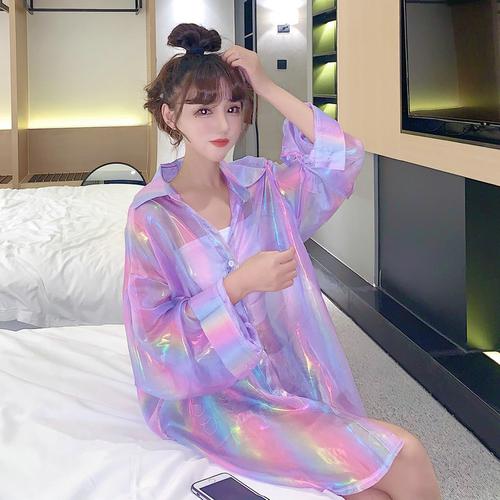 实拍实价 韩版ins宽松长袖紫色衬衫防晒衣女衬衣-盼盼网络服饰1823#32