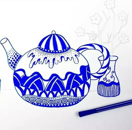 三,四年级线描画～青花瓷茶壶3.18日～星期三