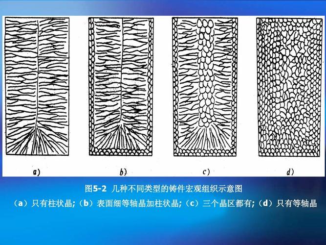 图5-2 几种不同类型的铸件宏观组织示意图 (a)只有柱状晶;(b)表面细等
