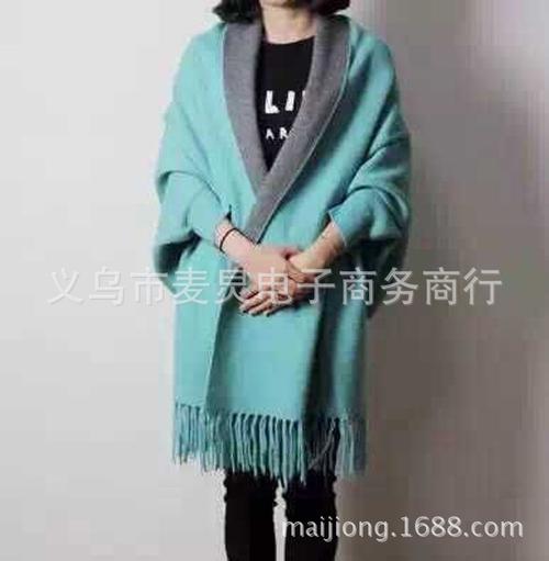 欧美 双面水貂羊绒连袖披肩围巾 秋冬保暖时尚流苏蝙蝠衫斗篷