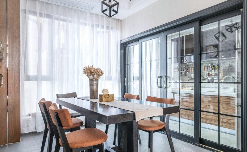 厨房和餐厅用小方格黑色钛镁合金透明玻璃推拉门隔断效果图