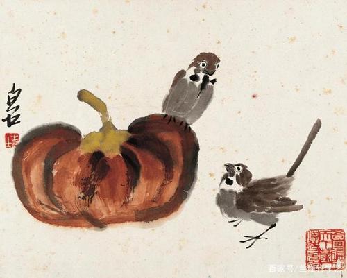 齐白石《麻雀南瓜图》 册页