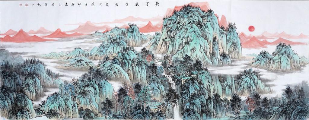 精品青绿山水小六尺山水画钟灵毓秀图源远流长