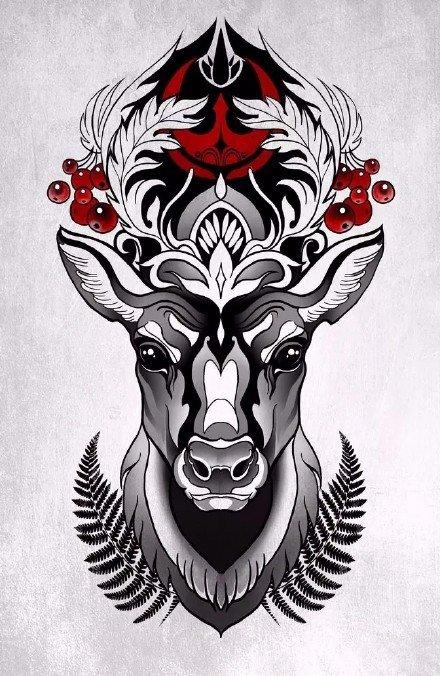 18张麋鹿相关的一组鹿纹身手稿图案