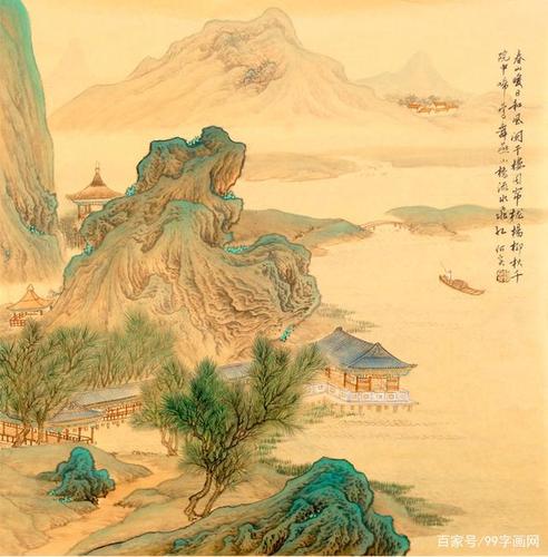 何实仿古青绿山水画,水榭楼亭,高树疏林,美不胜收!