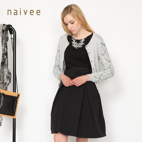 naivee/纳薇2015秋专柜新品复古摩登简洁针织相拼连衣裙156264175