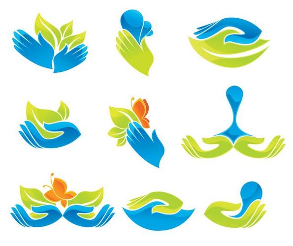 手和叶子蝴蝶水滴标志