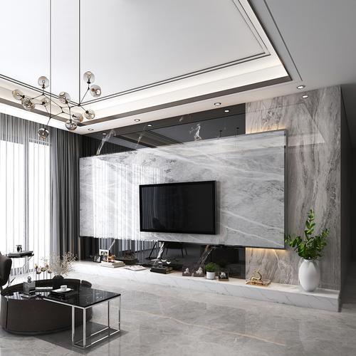 现代简约客厅电视背景墙瓷砖微晶石轻奢大理石板材悬空影视墙造型