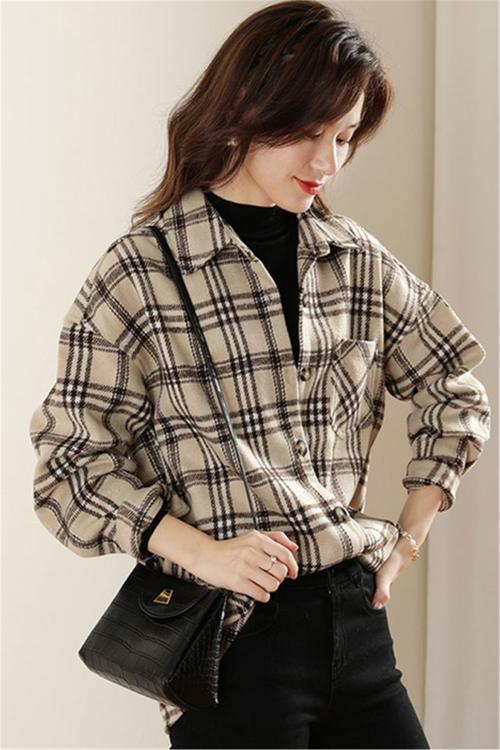 复古港味春秋长袖格子衬衫女复古宽松磨毛洋气百搭时尚外套上衣潮