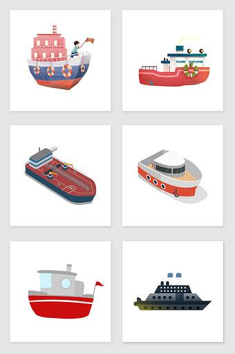 手绘轮船套图插画元素