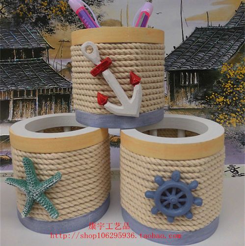 地中海摆件 海洋系列风格家居装饰品 圆形木质储物罐麻绳笔筒